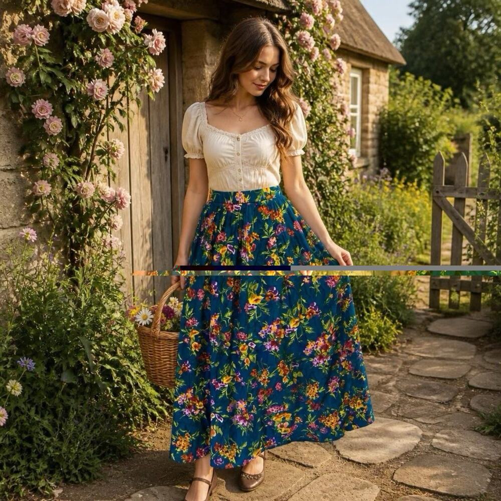 VTG 80s Susan Bristol Midi Skirt Women 12 Floral Pleated A-Line Cottage Prairie
